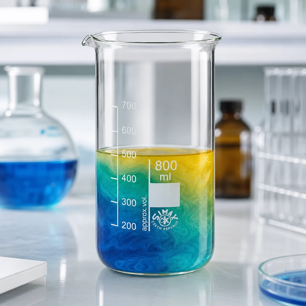 Béquer 800ml de vidro de borosilicato, forma alta Copo de vidro de 800 ml, de formato alto, com um líquido com gradiente de cores que vai do azul ao amarelo, num laboratório