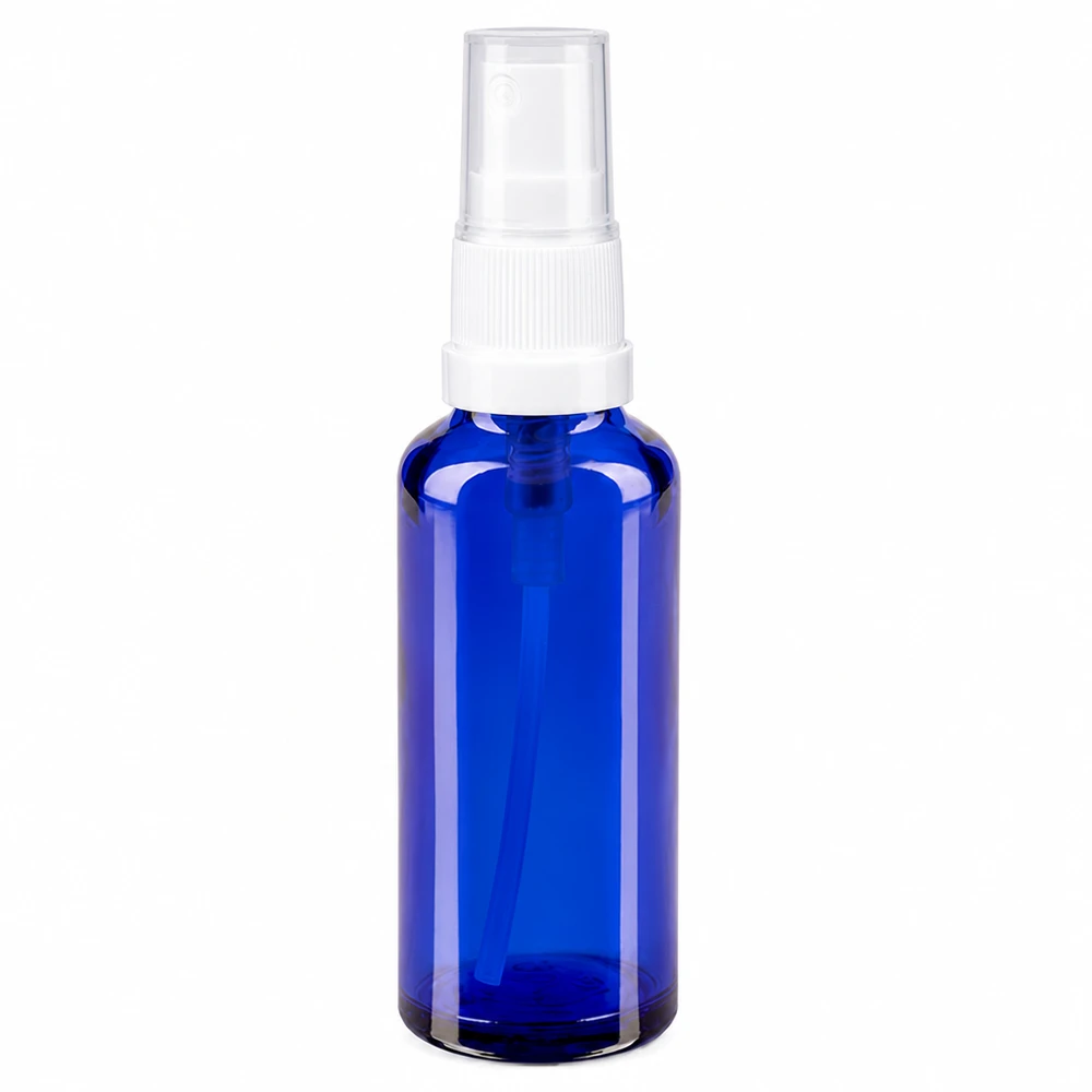 Frasco de vidro azul de farmácia de 10 ml com pulverizador branco e tampa protetora transparente