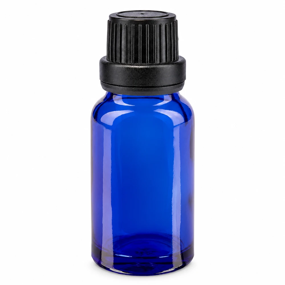 Frasco de vidro azul de 10 ml com tampa de segurança preta e aplicador conta-gotas de 2 mm em vidro farmacêutico