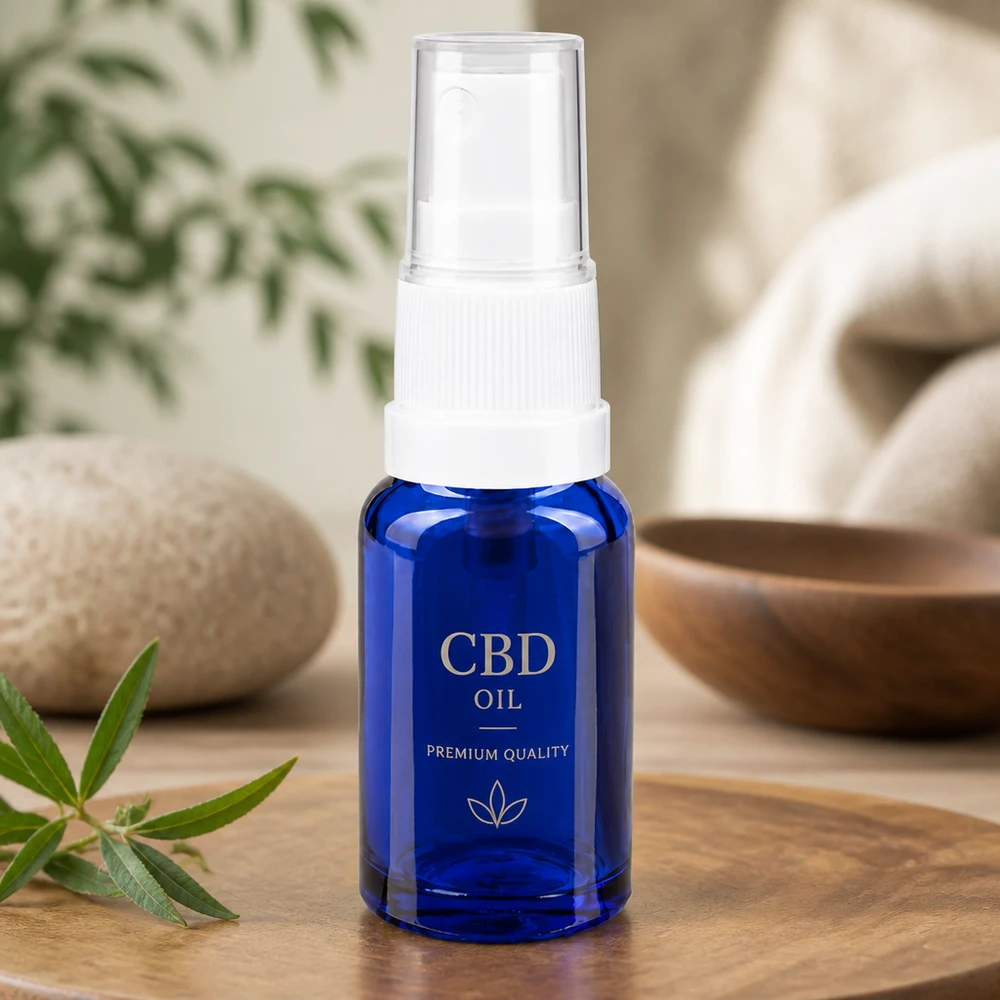 Frasco pulverizador de 10 ml em vidro azul de farmácia com bico pulverizador para óleo de CBD e cosméticos naturais