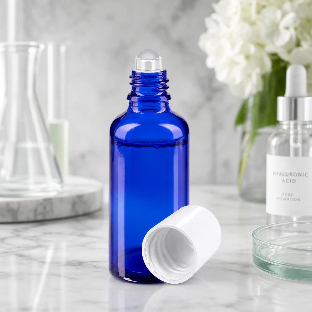 Frasco de vidro de farmácia azul de 50 ml, aberto, com aplicador de bola rolante, ao lado do sérum de ácido hialurónico