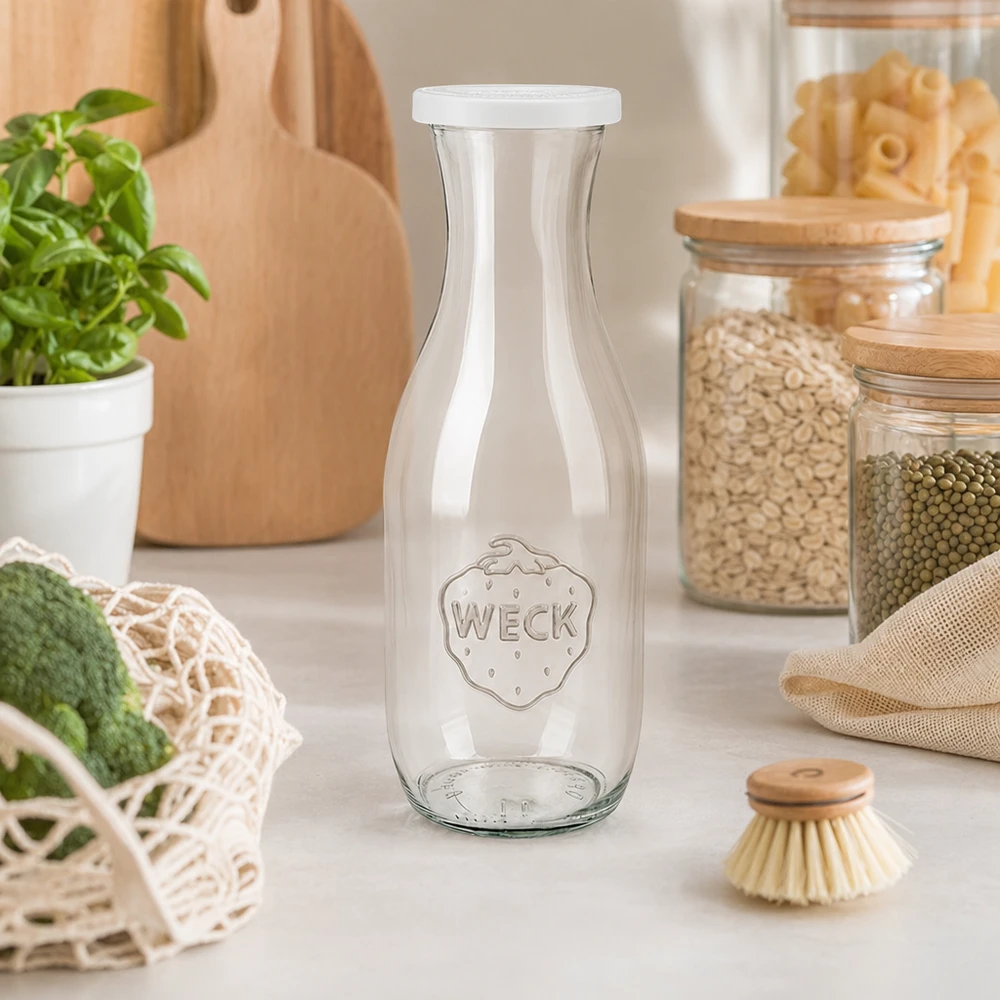 Garrafa de sumo WECK de 1062 ml numa cozinha sustentável sem desperdício, com jarras de armazenamento e utensílios ecológicos