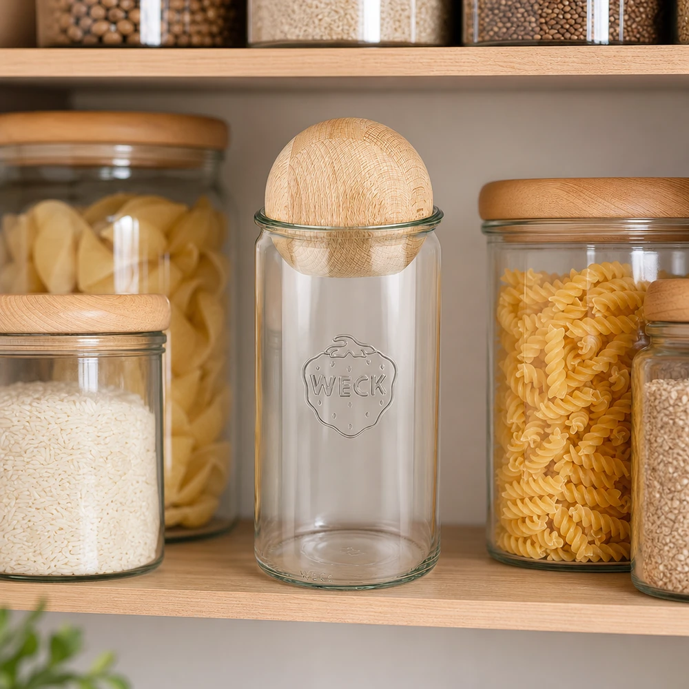 Frasco cilíndrico WECK 1590ml RR100 com bola de madeira numa cozinha de arrumação organizada ao lado do arroz, massa e outros alimentos