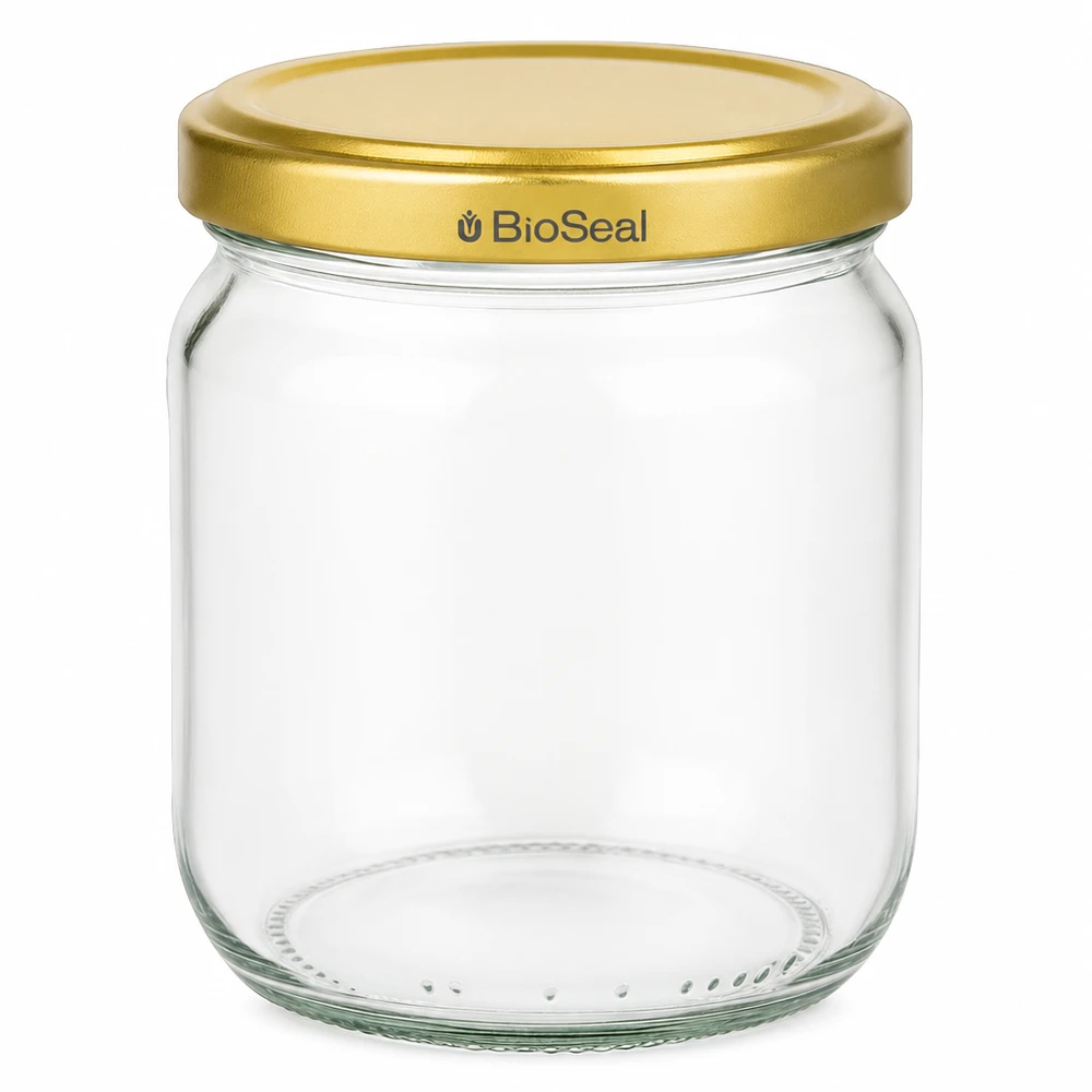 500g Honigglas mit goldenem Deckel BioSeal UNiTWIST Frasco de mel de 500 g vazio com tampa de rosca BioSeal dourada para mel e compota