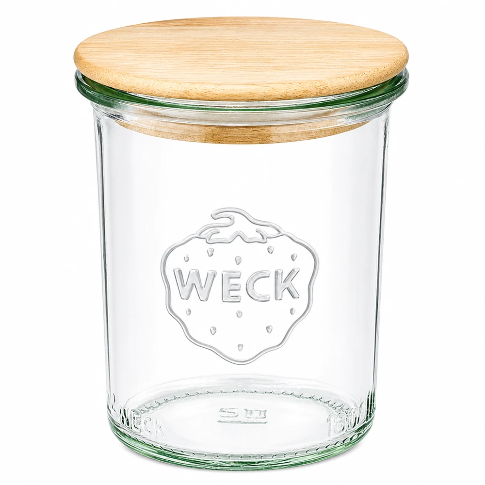 Copos de vidro WECK RR60 de 160ml com tampa de madeira Frasco de pedreiro WECK 160ml RR60 com tampa de bambu Frasco de pedreiro com tampa de madeira para cozinha e arrumação