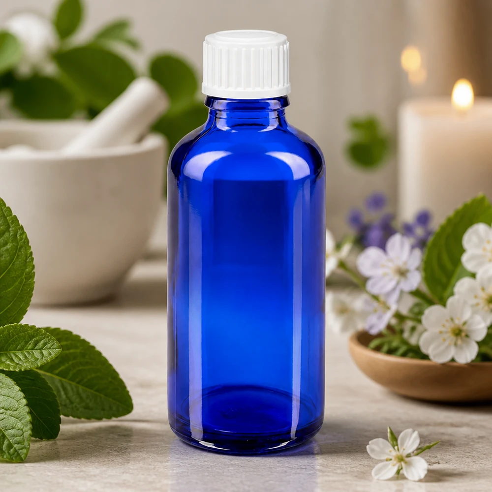 Frasco de vidro azul de 50 ml com tampa de rosca branca, rodeado de ervas frescas e flores