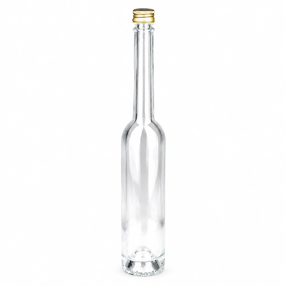 100ml Glasflasche "Toni" mit Schraubverschluss gold UNiTWIST Garrafa de vidro de 100 ml Toni com tampa de rosca dourada UNiTWIST - vidro transparente, forma fina, ideal para bebidas espirituosas