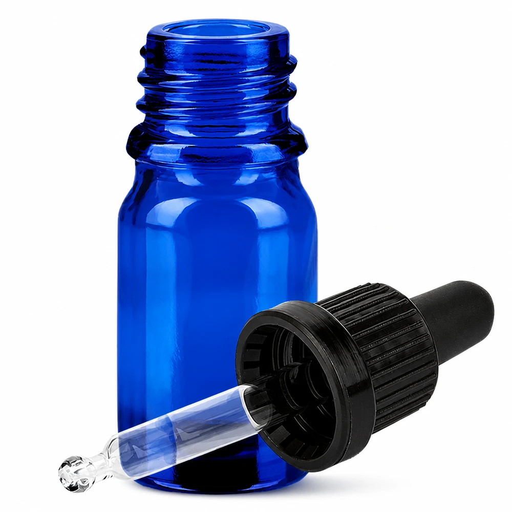 Frasco de vidro azul de 5 ml com pipeta e tampa preta com conta-gotas OV BlueLine UT18/5