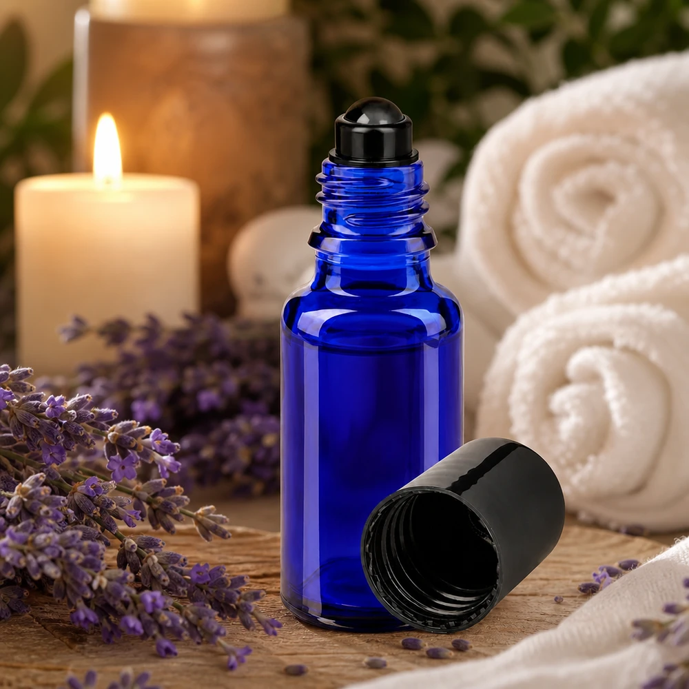 Frasco de farmácia azul 20ml tampa roll-on preto Frasco roll-on de 20 ml de vidro azul com lavanda e uma vela num ambiente de spa