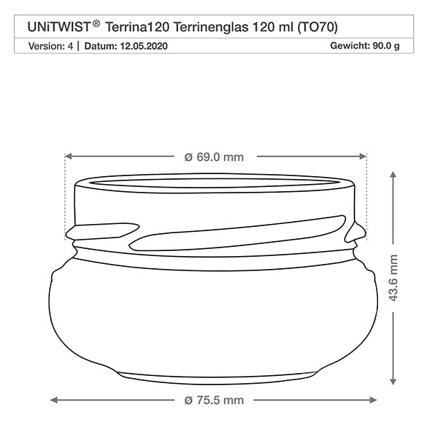 Frasco para terrina de 120ml sem tampa (TO70) UNiTWIST UNiTWIST Terrina120 terrina de vidro 120ml TO70 com desenho técnico e dimensões 69mm diâmetro 43,6mm altura