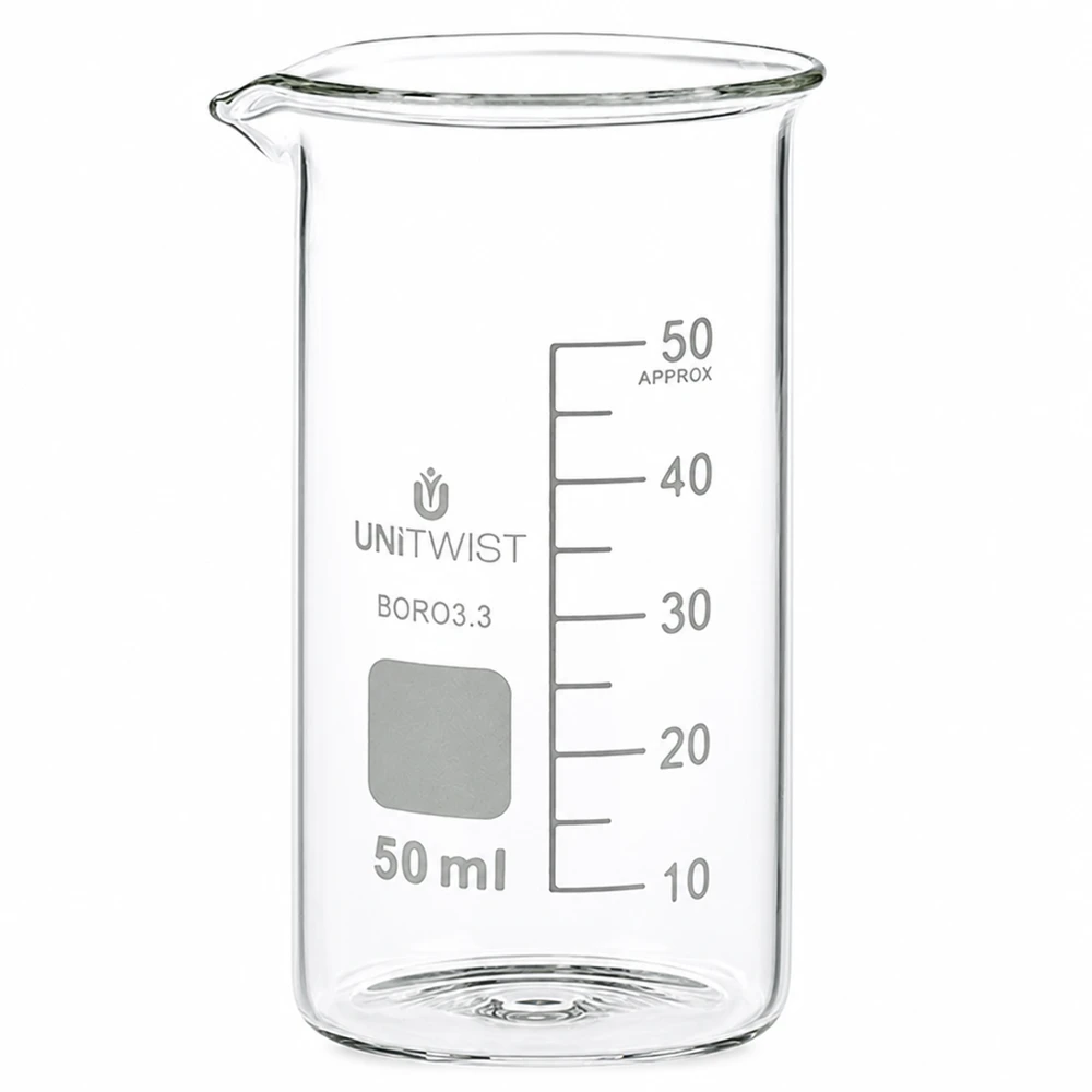 Copo 50 ml de borossilicato, molde alto UNiTWIST Copo de laboratório de 50 ml, formato alto, em borossilicato da UNITWIST, com escala em mililitros até 50 ml
