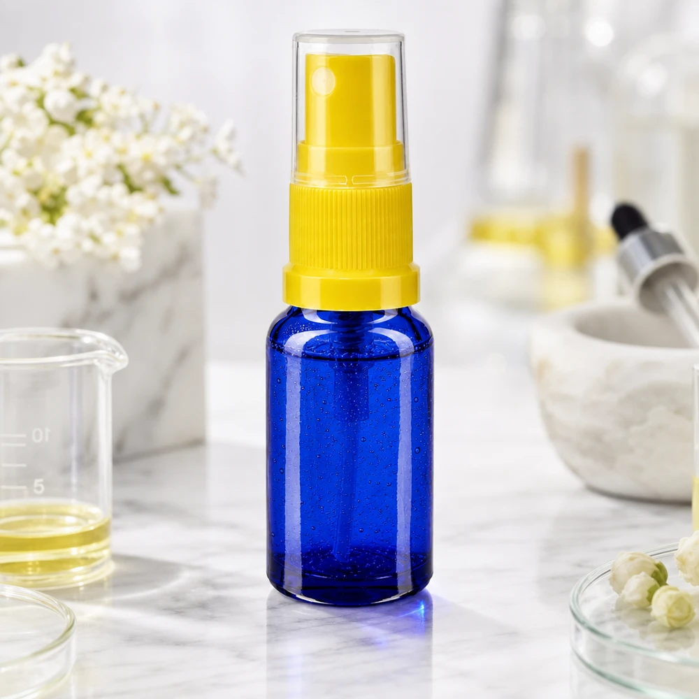 Apothekenflasche blau 30ml Sprayaufsatz gelb Frasco de farmácia azul de 30 ml com pulverizador para óleos essenciais e formulações cosméticas