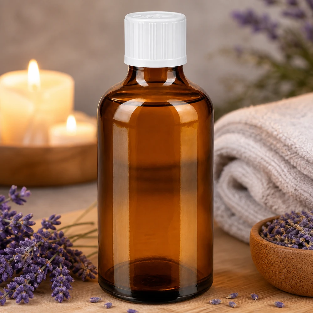 Frasco de farmácia castanho 50ml tampa de rosca branca padrão resistente a crianças Frasco de farmácia castanho de 50 ml com tampa de segurança para crianças branca, ao lado de flores de lavanda e velas