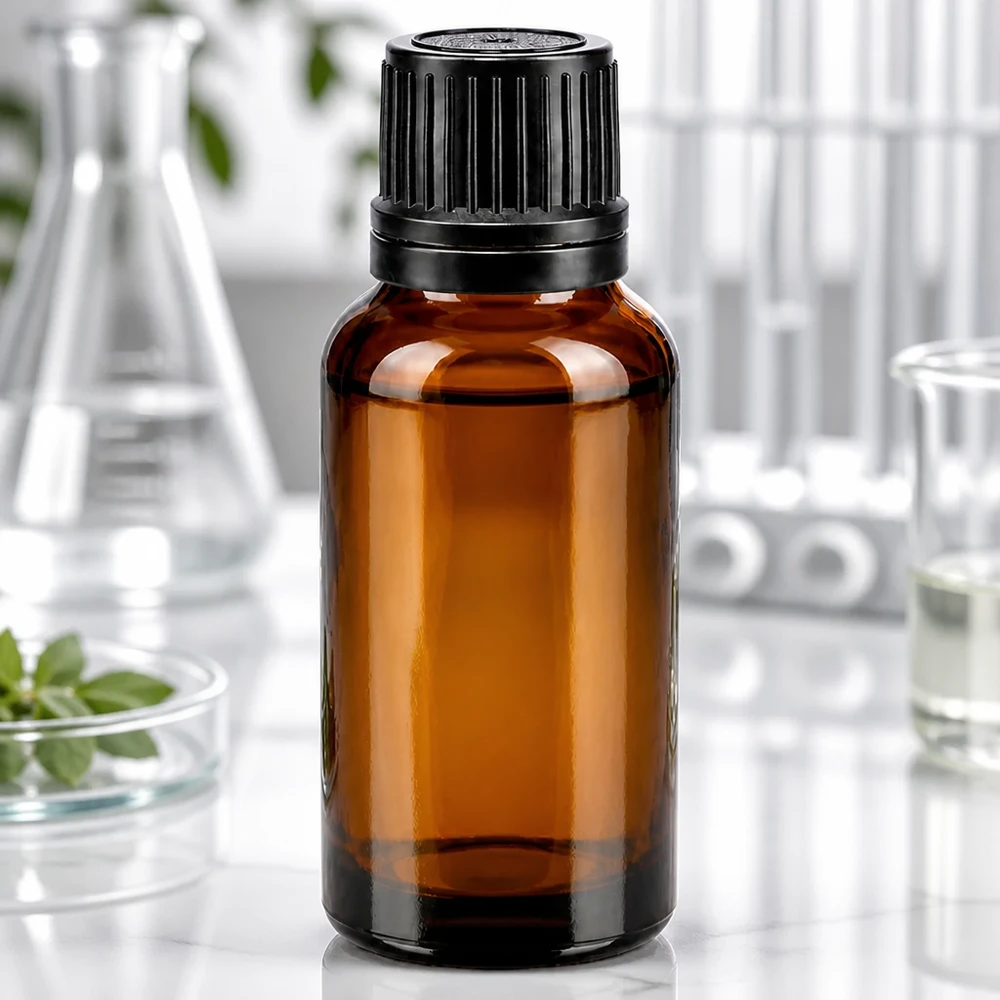 Pequeno frasco de vidro castanho de 20 ml com tampa de rosca preta com segurança para crianças, para aplicações laboratoriais