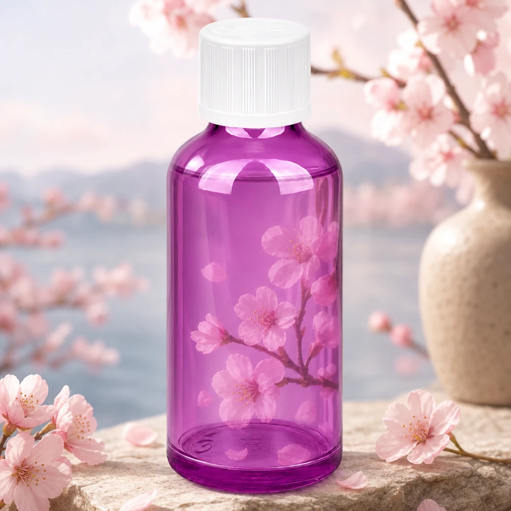 Frasco conta-gotas pequeno de 50 ml em transparência violeta com abertura de 1,2 mm para aplicações de aromaterapia
