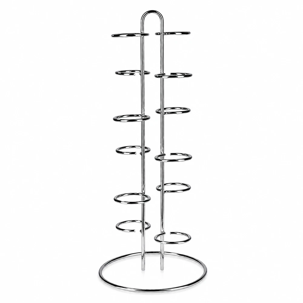Suporte de mesa Vertico12 para 12 copos de vidro WECK Suporte de servir Vertico12 em aço inoxidável para 12 copos WECK com suportes em forma de espiral numa base redonda