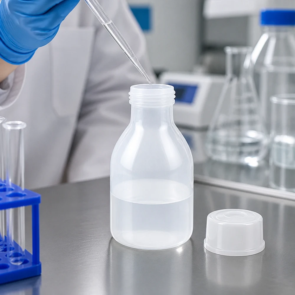 Frasco de 20ml com tampa de rosca, frasco de laboratório com gargalo estreito Um técnico de laboratório enche um frasco de PE de gargalo estreito com tampa de rosca, com capacidade para 20 ml, utilizando uma pipeta sobre uma superfície de aço inoxidável