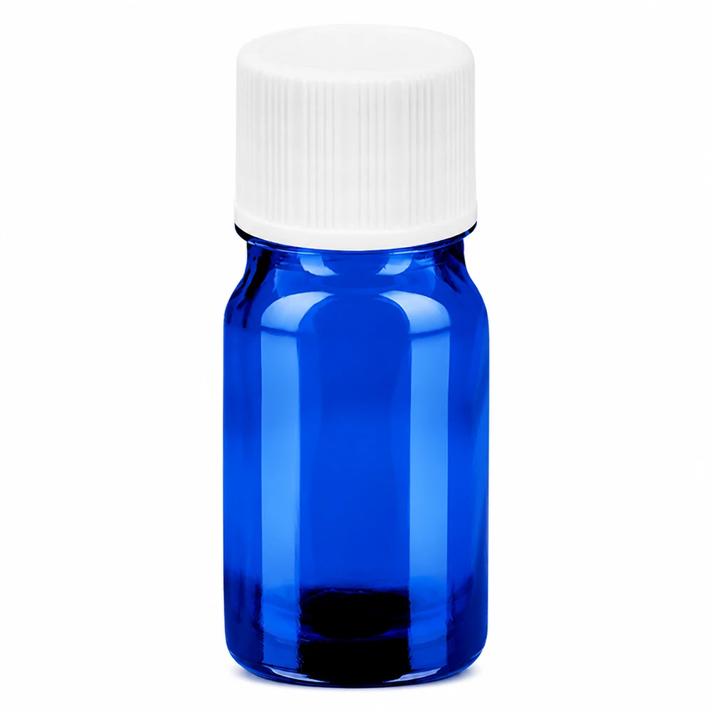 Frasco de 5ml 11mm tampa de rosca branca Standard BlueLine UT18/5 Frasco de vidro de 5 ml azul com tampa de rosca branca de 11 mm para óleos essenciais e extractos