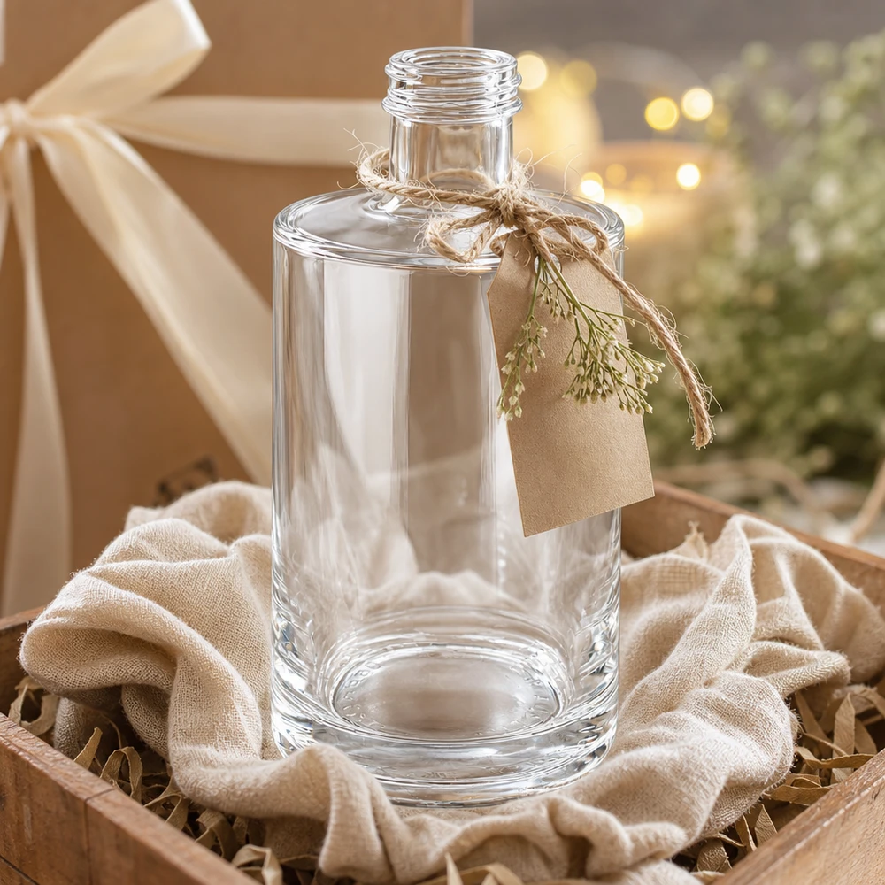 Garrafa de vidro de 375 ml Sam vazia em caixa de oferta com fita e etiqueta apresentada decorativamente como um conjunto de oferta
