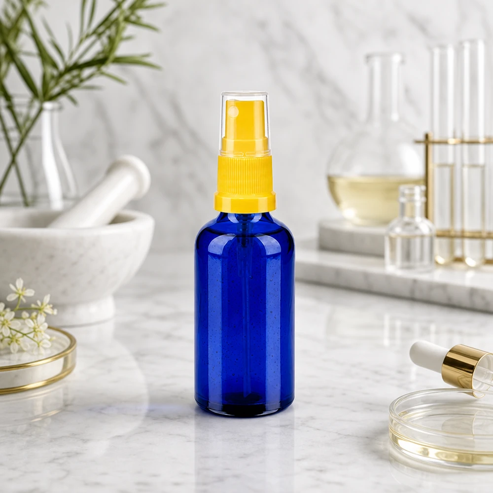 Frasco de vidro azulado de 50 ml com proteção UV e atomizador amarelo para substâncias sensíveis à luz