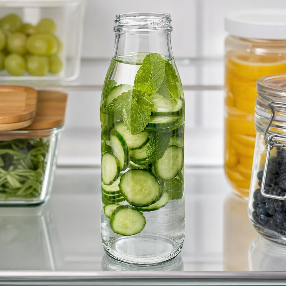 Frasco de vidro de 500 ml sem tampa (TO48) UNiTWIST 500ml Glasflasche TO48 UNiTWIST mit Gurkenscheiben und Minze als Infused Water im modernen Kühlschrank