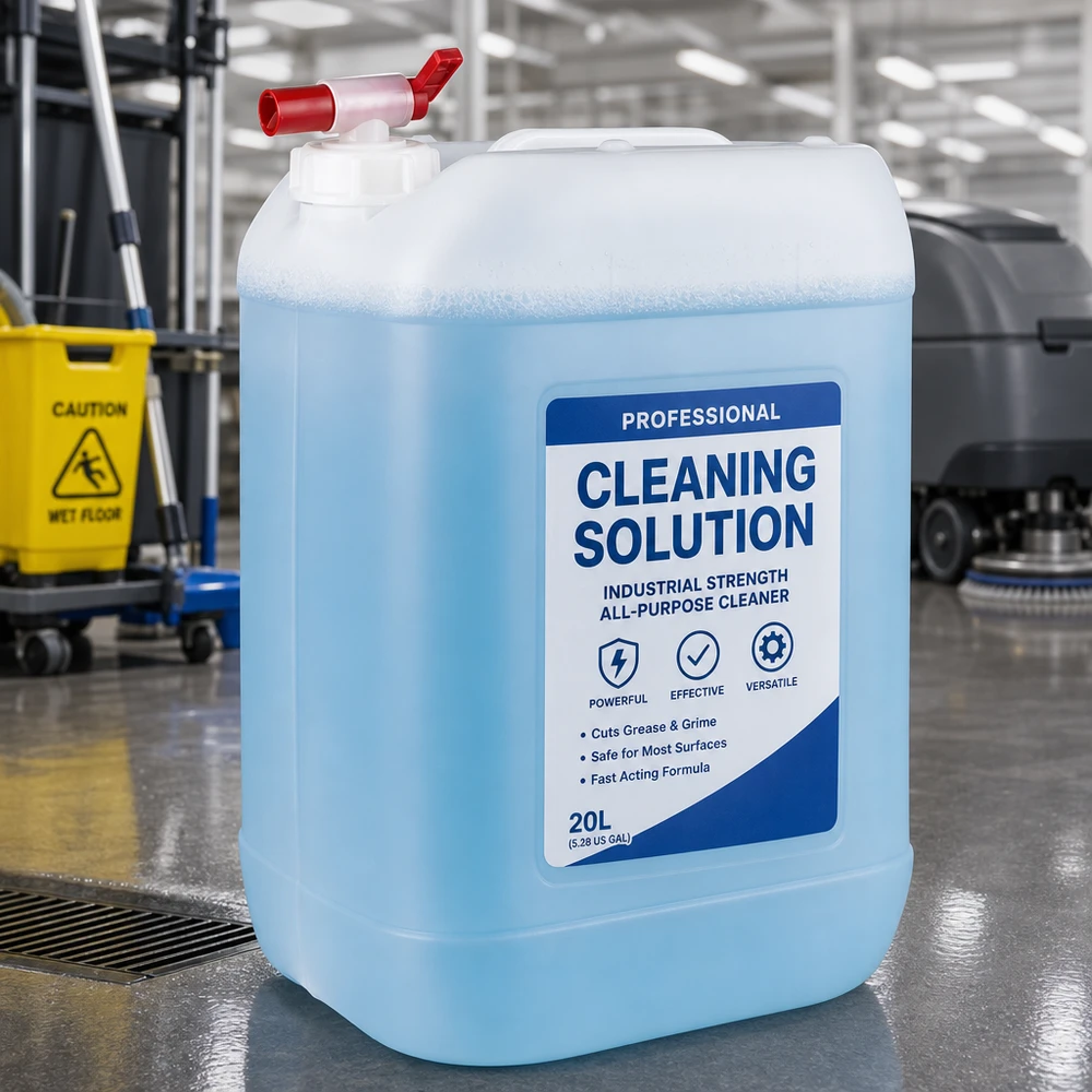 Bidão de 25 litros com torneira de escoamento Bidão azul transparente de 25 litros com torneira tipo «pintinho» vermelha sobre um pavimento de betão