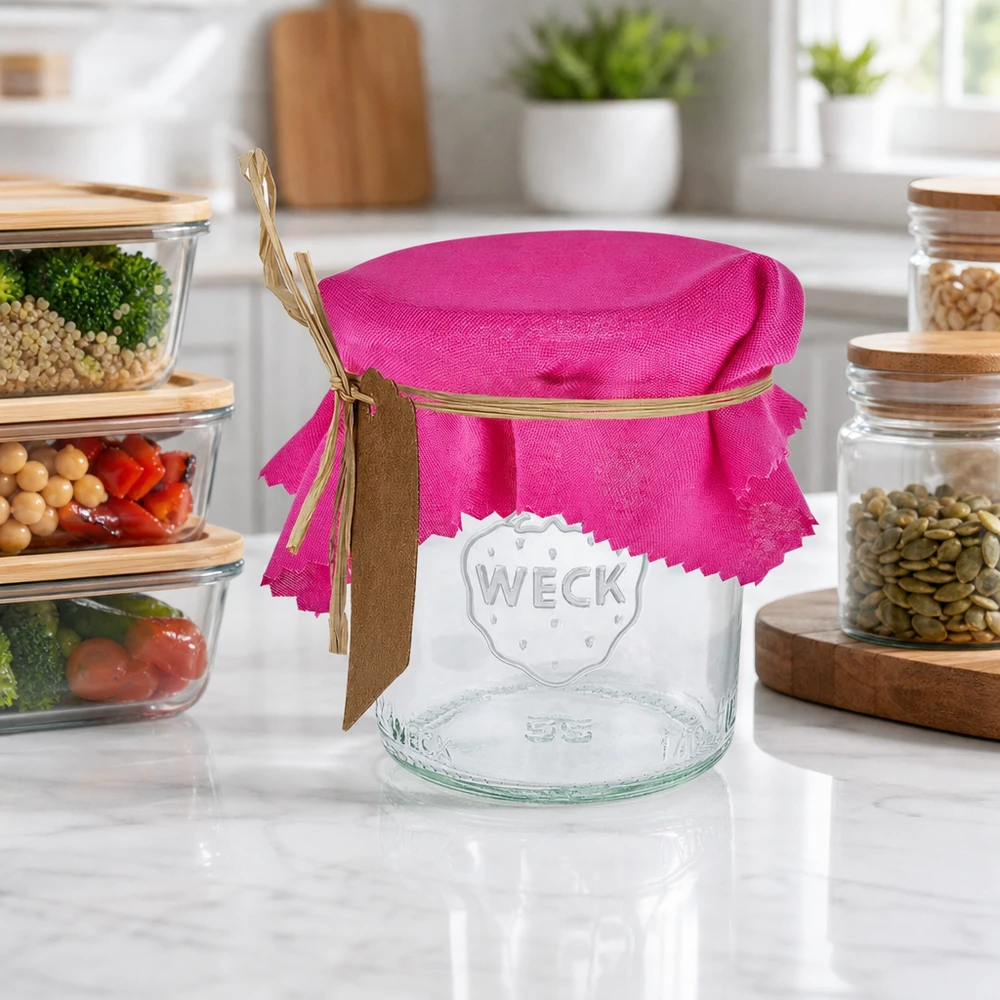 Guardanapo decorativo em tecido cor-de-rosa de 12 cm quadrado num frasco Weck vazio com fita de ráfia numa cozinha moderna com frascos de arrumação