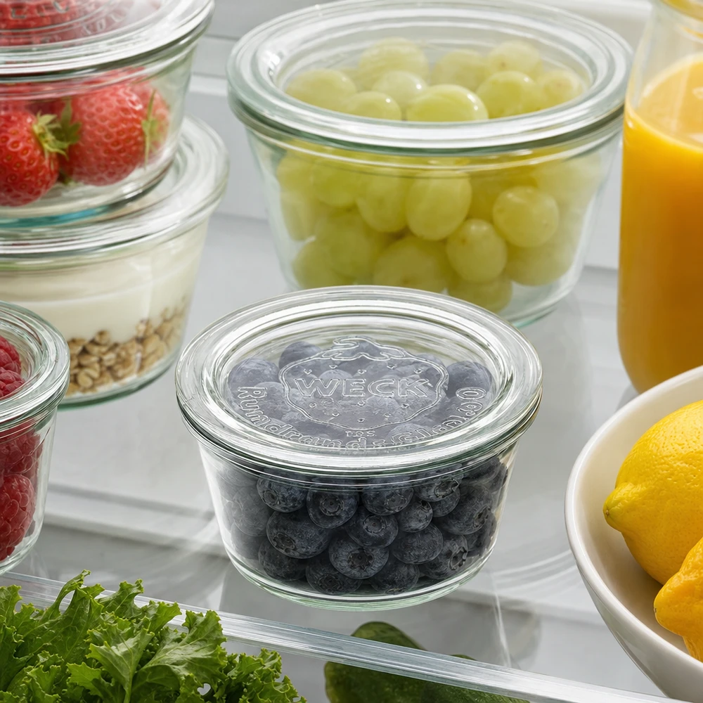 Tampa de vidro WECK RR60 para guardar no frigorífico bagas, uvas e alimentos frescos em frascos Weck