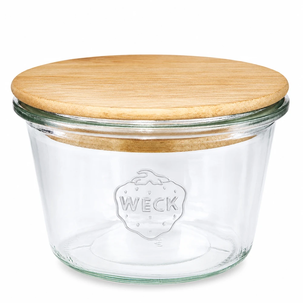 370ml Sturzglas WECK RR100 mit Holzdeckel Frasco de vidro de 370 ml WECK RR100 com tampa de madeira - frasco de conserva redondo de vidro com tampa de bambu para a cozinha