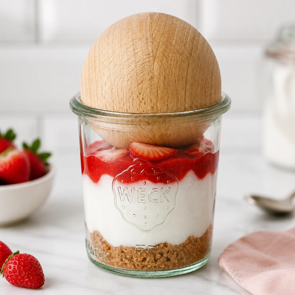 Copos de vidro WECK RR60 de 140ml com bola de madeira em faia WECK Sturzglas 140ml RR60 als Dessertglas mit Erdbeeren und Sahne, Holzkugel aus Buche als stilvoller Deckel