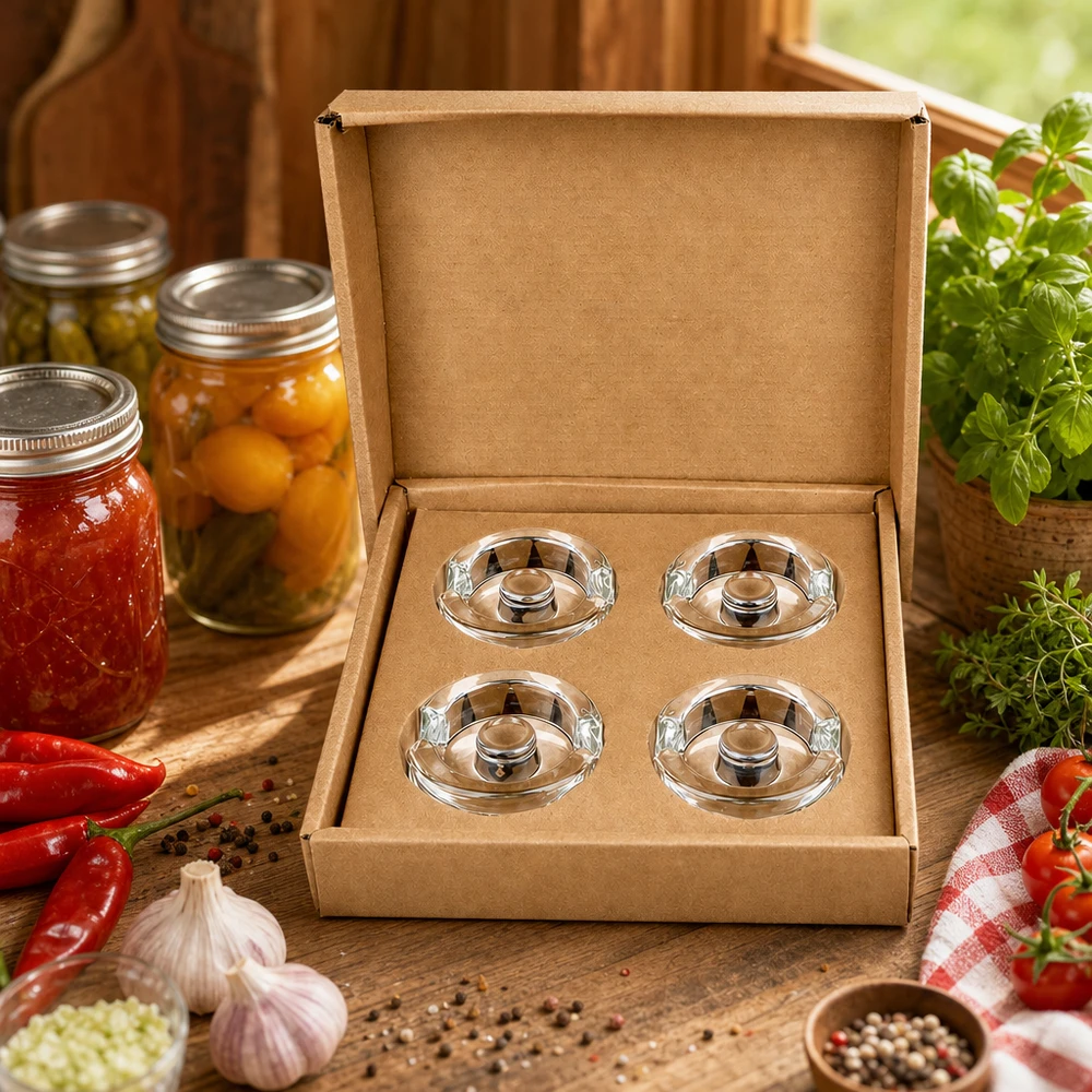 Pesos para frascos de fermentação com pega, conjunto de 4 UNiTWIST Fermentier-Glasgewichte UNiTWIST 4er Set in Geschenkbox umgeben von frischen Kräutern Tomaten und Einmachgläsern