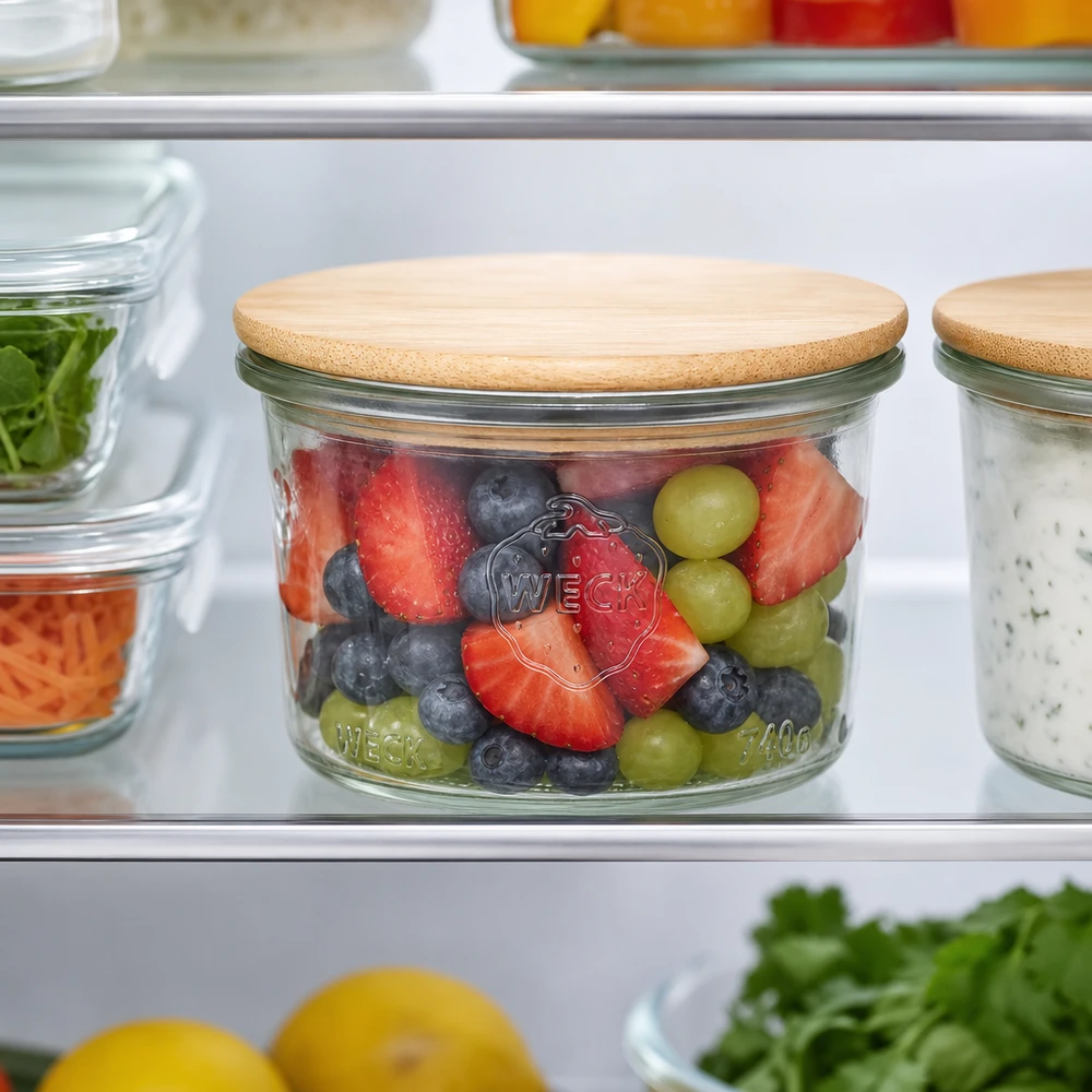 Copos WECK 200ml RR80 com tampa de bambu cheios de salada de fruta colorida no frigorífico para uma óptima conservação dos alimentos.
