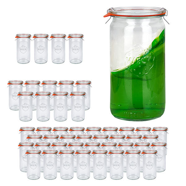 Conjunto de 48 frascos Weck frascos cilíndricos de 340ml com 48 tampas de vidro Conjunto de 48 frascos Weck frascos cilíndricos de 340ml com 48 tampas de vidro