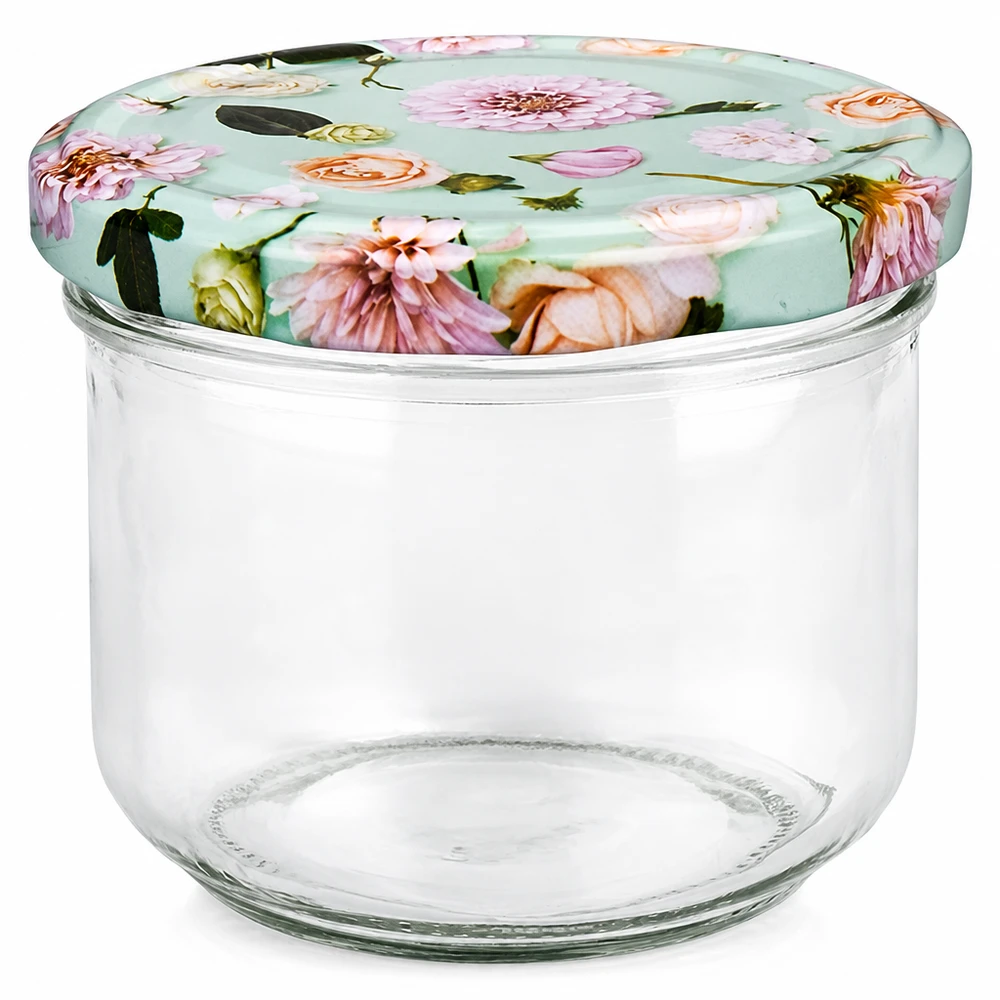 Copos de 260 ml com tampa BasicSeal em menta com padrão floral, frasco de conserva vazio para compotas e conservas