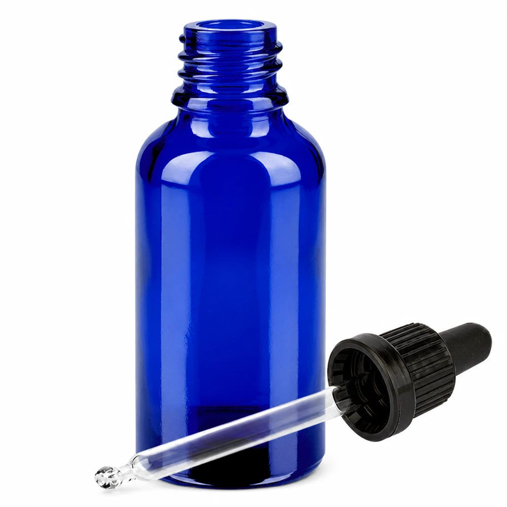 Frasco pipeta 30ml preto com fecho inviolável BlueLine UT18/30 Frasco de vidro azul de 30 ml com pipeta e tampa preta com conta-gotas para uma dosagem precisa