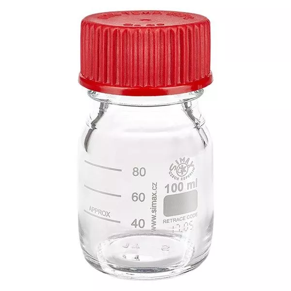 Frasco de 100 ml de vidro de borosilicato 3.3. com tampa de rosca vermelha, vedante e anel de vazamento Frasco de 100 ml de vidro de borosilicato 3.3. com tampa de rosca vermelha, vedante e anel de vazamento