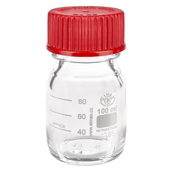 Frasco de 100 ml de vidro de borosilicato 3.3. com tampa de rosca vermelha, vedante e anel de vazamento Frasco de 100 ml de vidro de borosilicato 3.3. com tampa de rosca vermelha, vedante e anel de vazamento