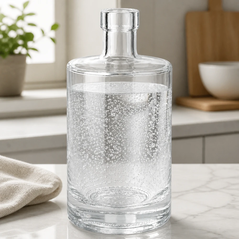 500ml Glasflasche "Galileo" ohne Verschluss UNiTWIST® Garrafa de vidro de 500 ml de Marie cheia de água mineral com gás sobre uma bancada de mármore numa cozinha moderna