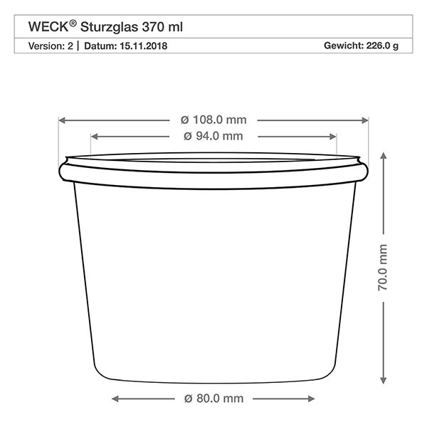 Conjunto de 24 frascos da Weck copos de vidro de 370ml Copos WECK 370ml RR100 desenho técnico dimensões dimensões 108mm diâmetro 70mm altura especificação do produto