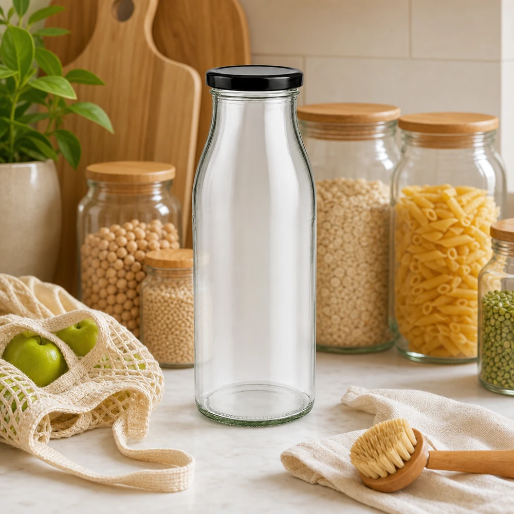 Garrafa de vidro de 500 ml com tampa preta na cozinha sem desperdício, com frascos de arrumação e materiais sustentáveis