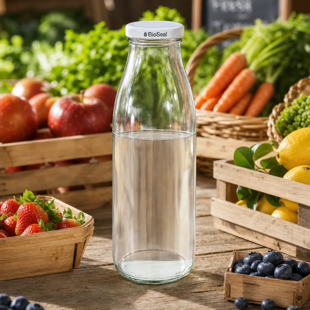 500ml Glasflasche mit BioSeal Deckel auf Marktstand zwischen frischem Obst und Gemüse, ideal für Säfte und Smoothies