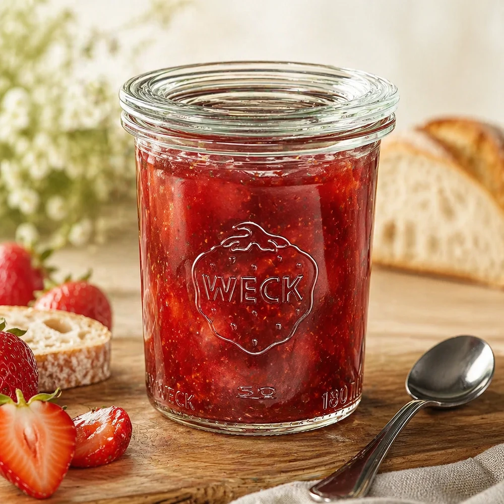 WECK RR60 Frasco de vidro de 160 ml com compota de morango vermelho e colher, decorado com pão e morangos