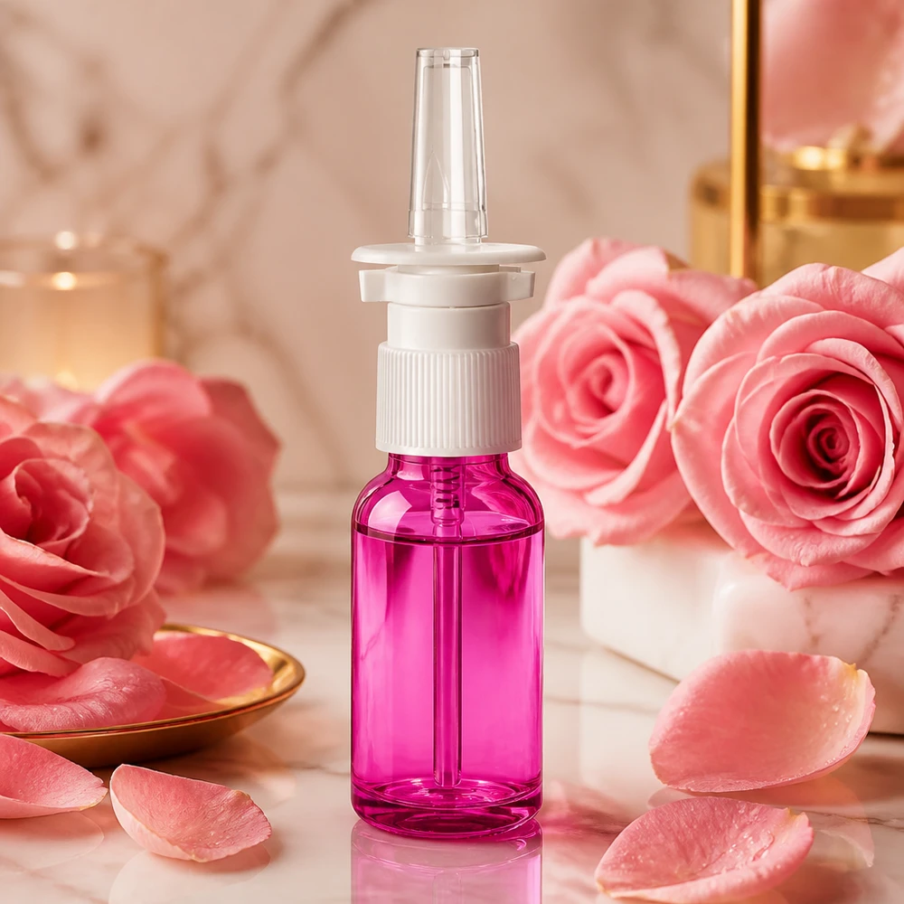 Frasco de spray nasal de 20 ml em plástico de alta qualidade com cabeça de spray ergonómica em roxo