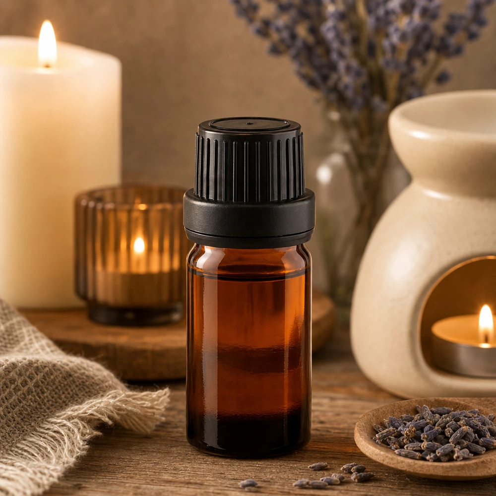 Frasco de vidro castanho de 5 ml com tampa de segurança preta de 11 mm, rodeado por lavanda e velas