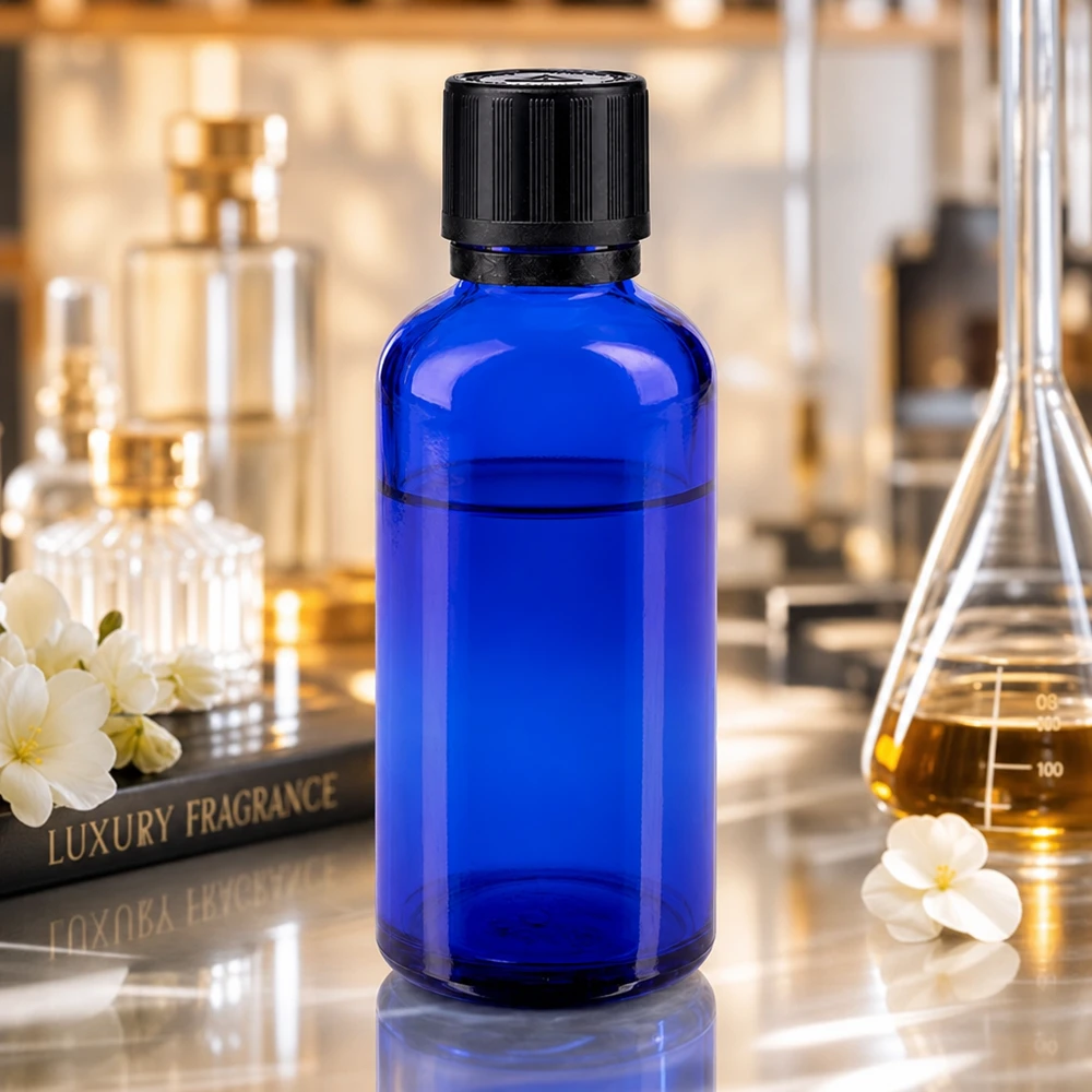 Frasco de farmácia azul 50ml conta-gotas tampa anel de vazamento 1mm preto fecho de segurança para crianças símbolo de aviso cego fecho inviolável Frasco de laboratório azul de 50 ml com tampa OV preta para frascos de Erlenmeyer e frascos de perfume