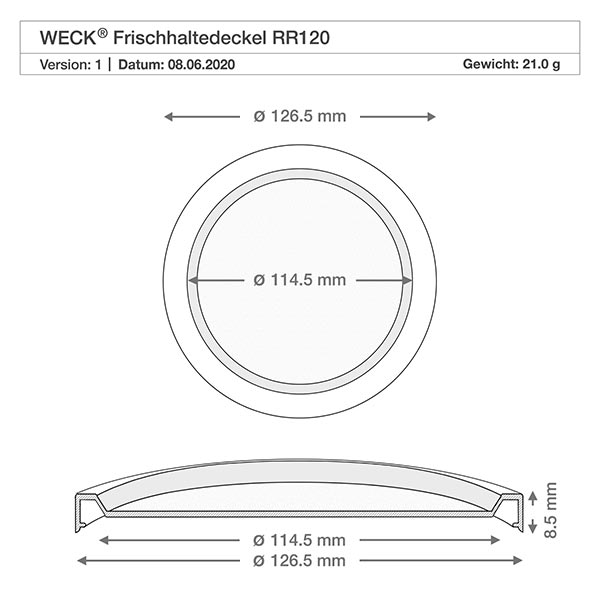 300ml Gourmetglas mit Frisched. WECK RR120 Desenho técnico da tampa de conservação de frescos WECK RR120 com dimensões de 126,5 mm de diâmetro e 114,5 mm de secção transversal