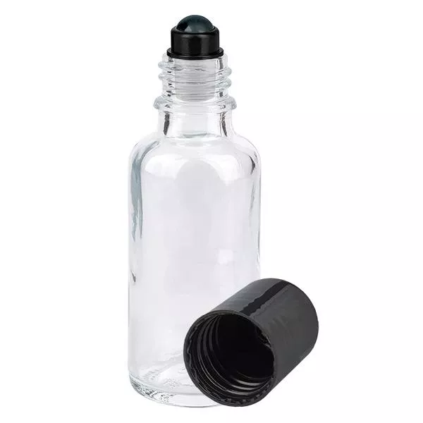 Frasco de farmácia transparente 30ml com tampa roll-on preta