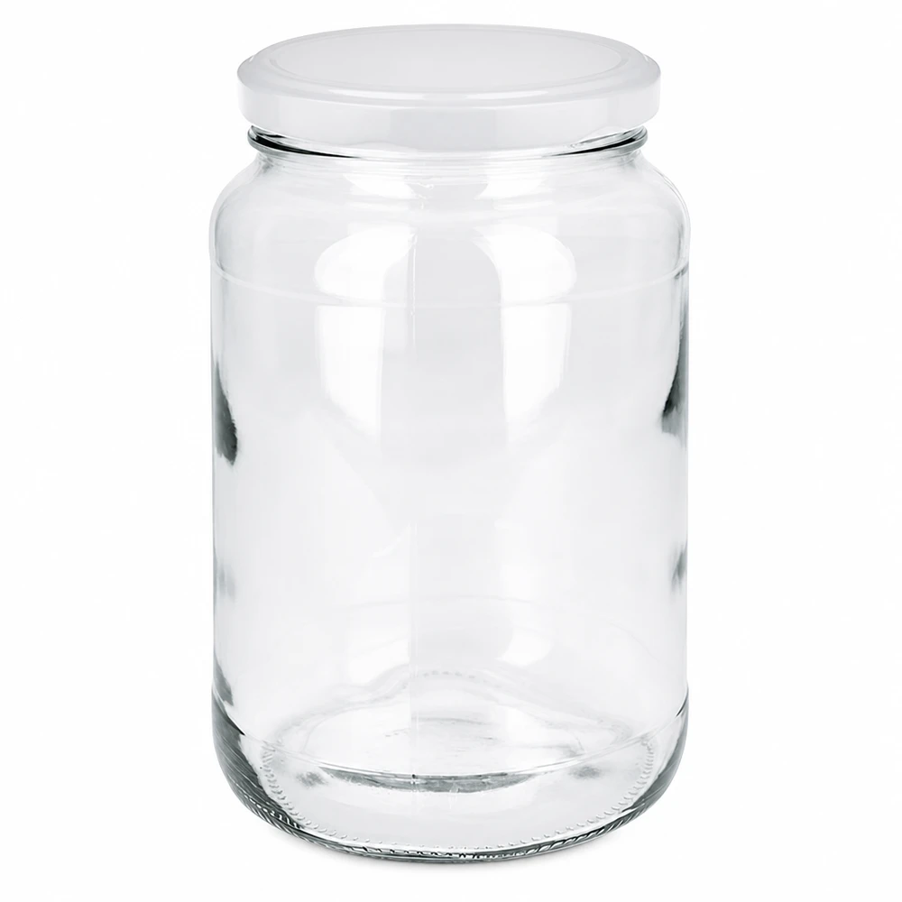 Frasco redondo de 1700 ml com tampa BasicSeal branca Frasco de conservação certificado pela ONU Frasco de conservação transparente vazio