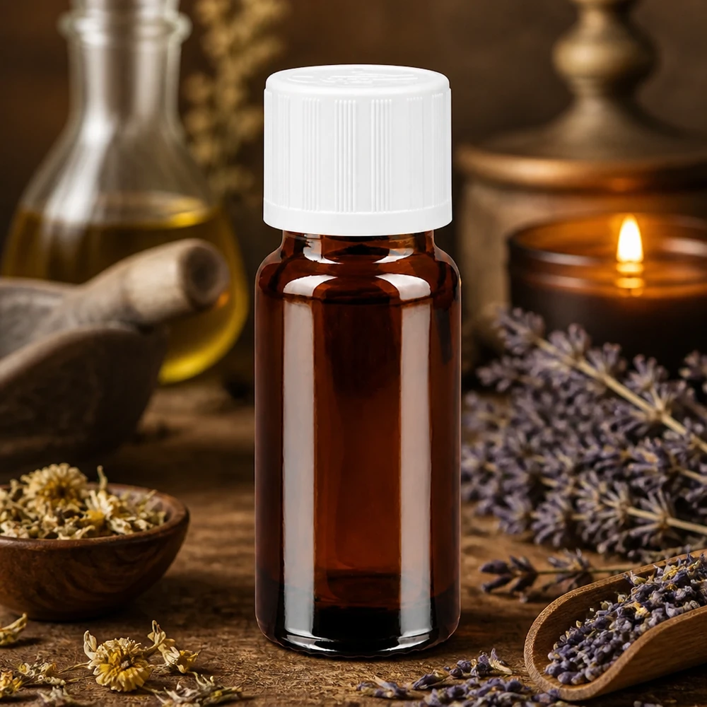 Frasco conta-gotas castanho de 10 ml, em vidro de farmácia, com tampa de segurança para crianças branca, sobre fundo de madeira