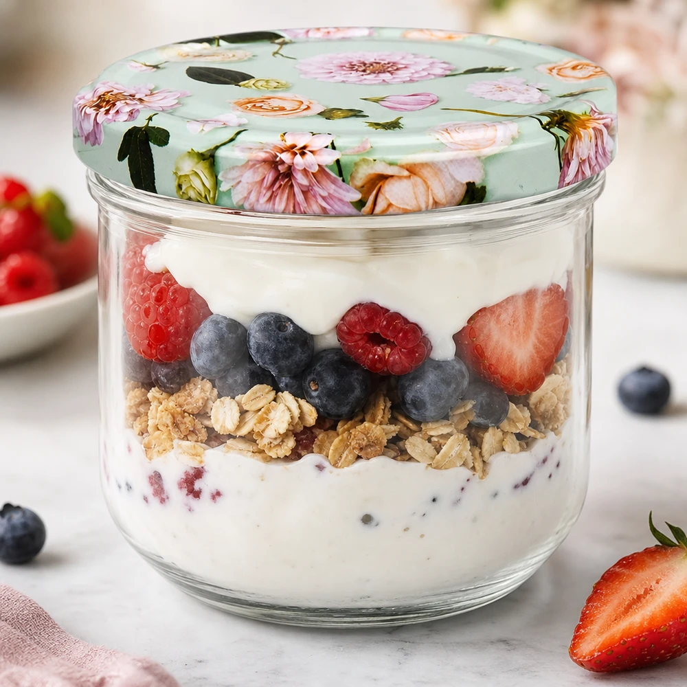 Copos de 260 ml com tampas de flores cheios de parfait de iogurte e frutos silvestres como exemplo de sobremesa